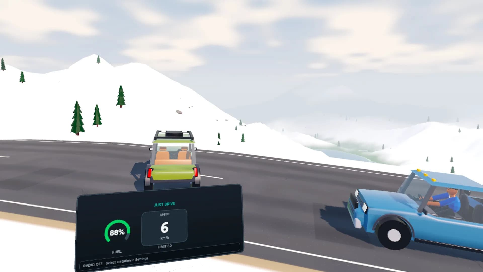 Pulling away from traffic on a snowy alpine road