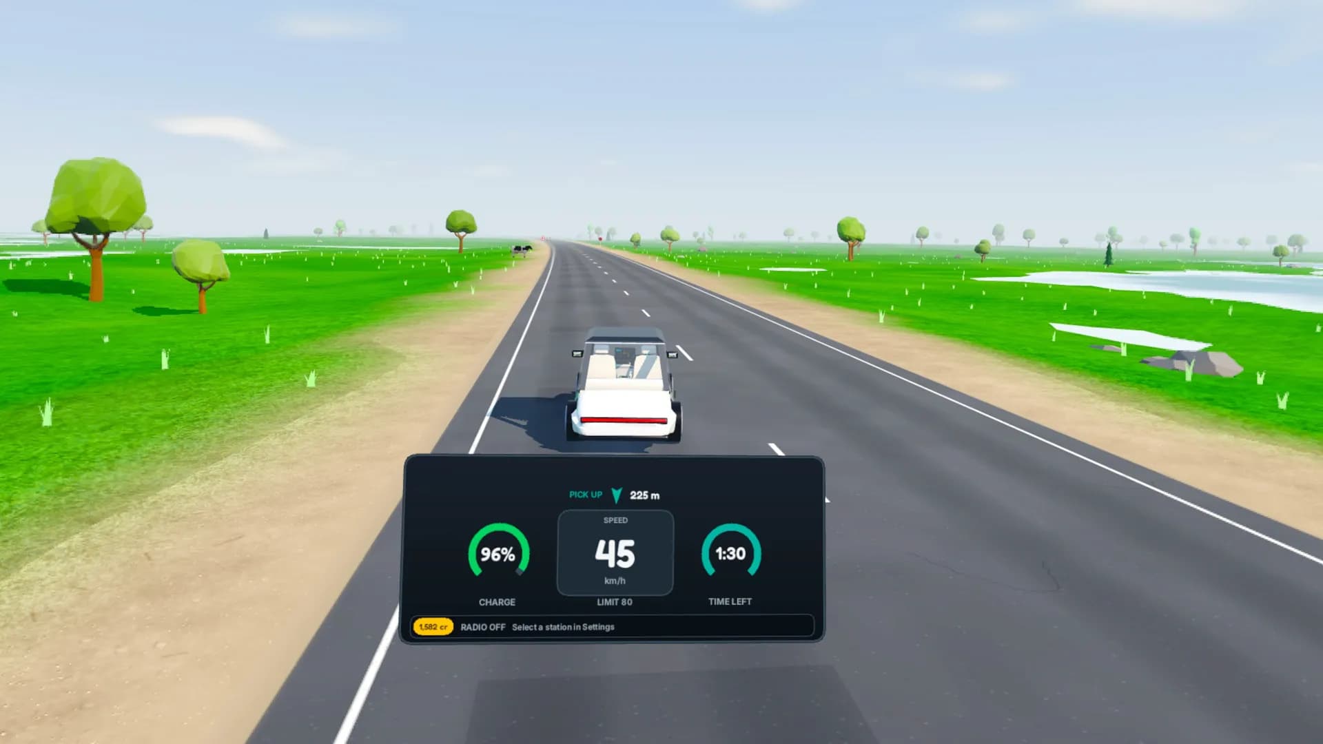 Following a white car down a two-lane highway through green farmland