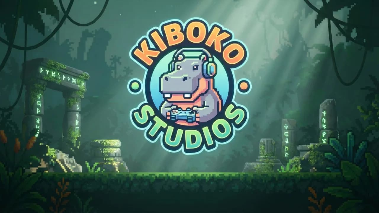 The Kiboko Studios pixel-art hippo mascot in a jungle clearing