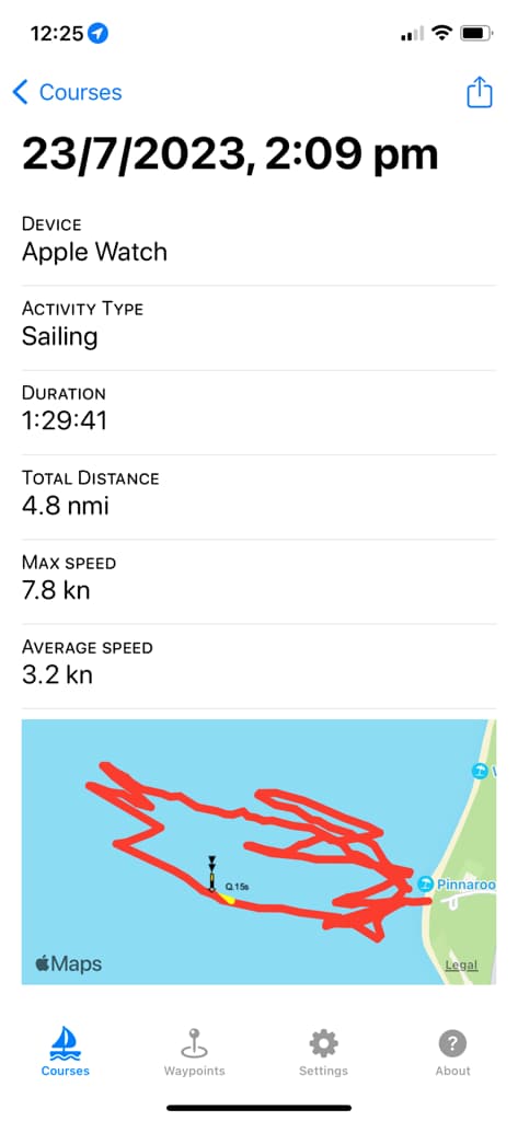 Recorded sailing activity with route and speed statistics